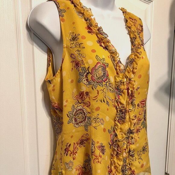 Edward Vintage Women's 100% Silk Floral Sleeveless Ruffle Top Button Up-V Neck M - Picture 4 of 15